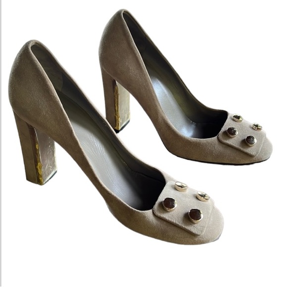 Gucci Shoes - GUCCI Suede Heels with Stud Accents